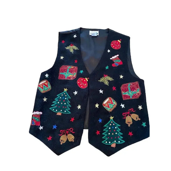 Vintage Christmas Embroidered Vest Wool Paul Harris Women's Size Small India - Picture 1 of 7